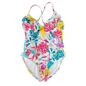 Kenneth Cole Reaction Womens Floral Ruffle One Piece Swimsuit Multi Color Medium